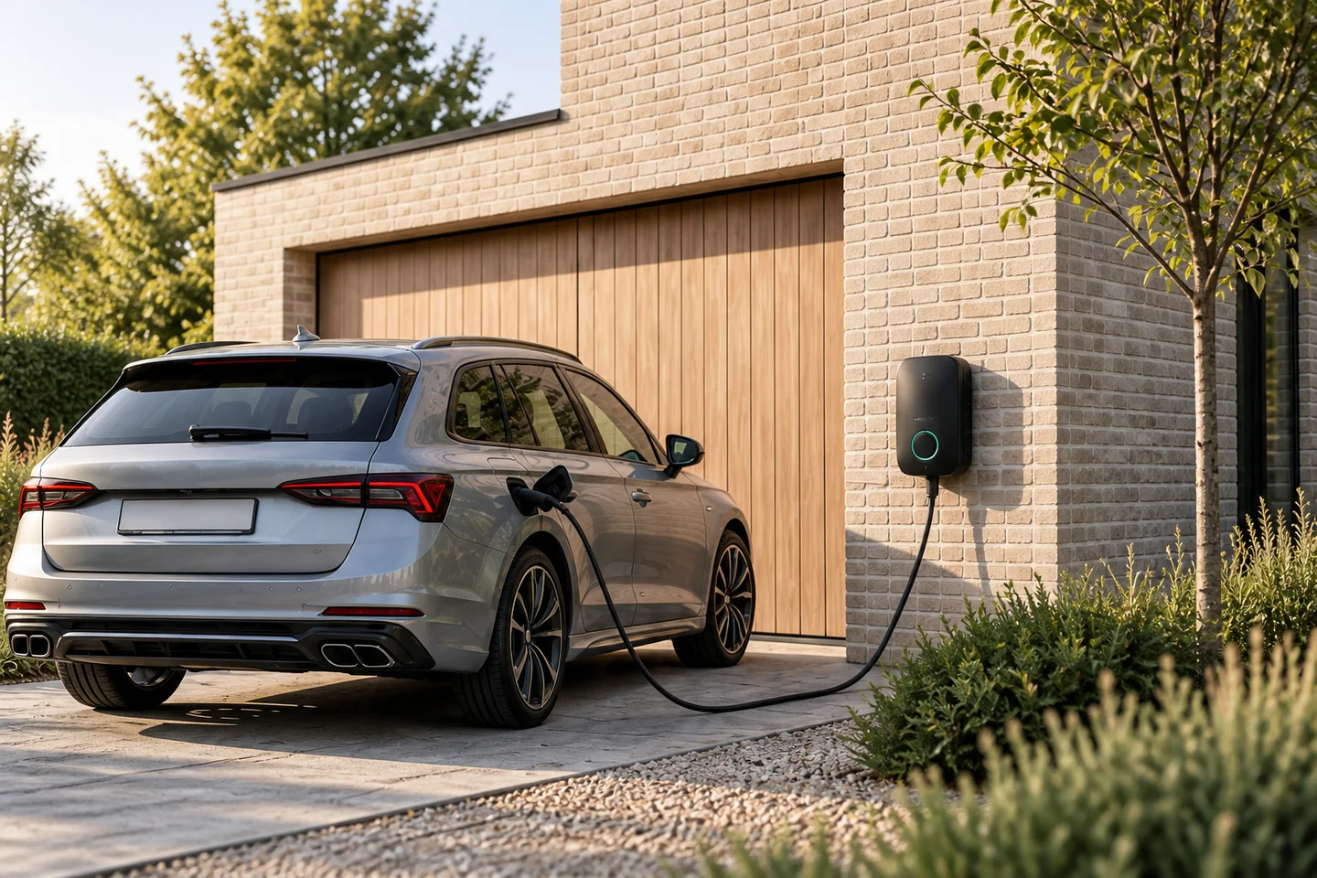 Sfeerbeeld van een elektrische wagen aan een laadpaal bij een moderne Vlaamse woning