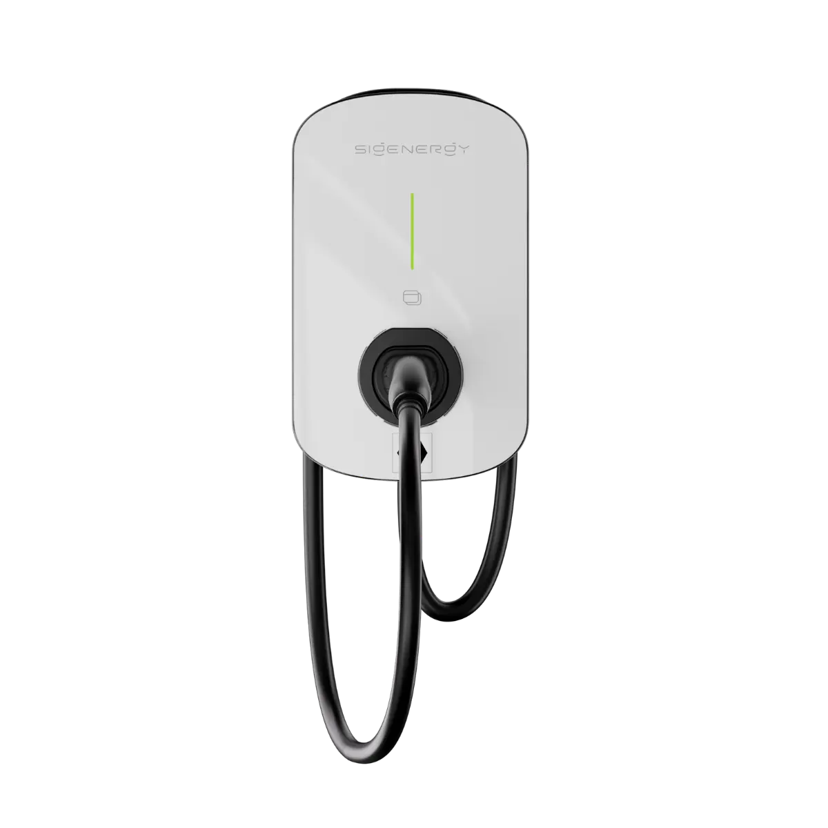 Vooraanzicht van de witte Sigen EV AC Charger met groene statusled en vaste laadkabel.