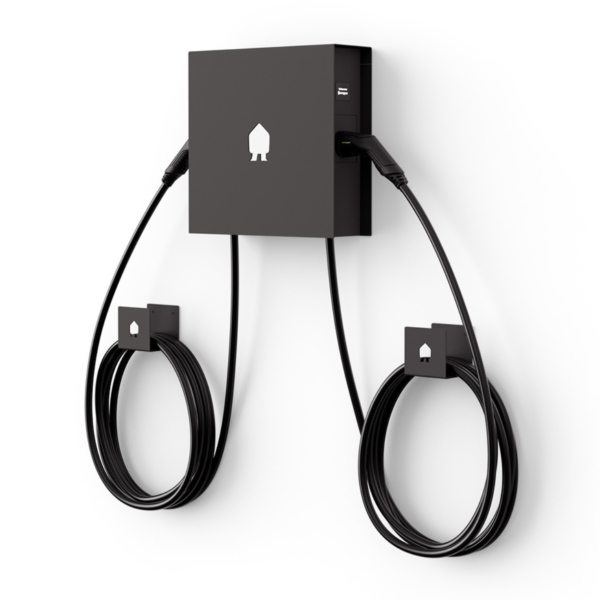 Zwarte Smappee EV Dual Wall met twee laadkabels en twee afzonderlijke kabelhouders.