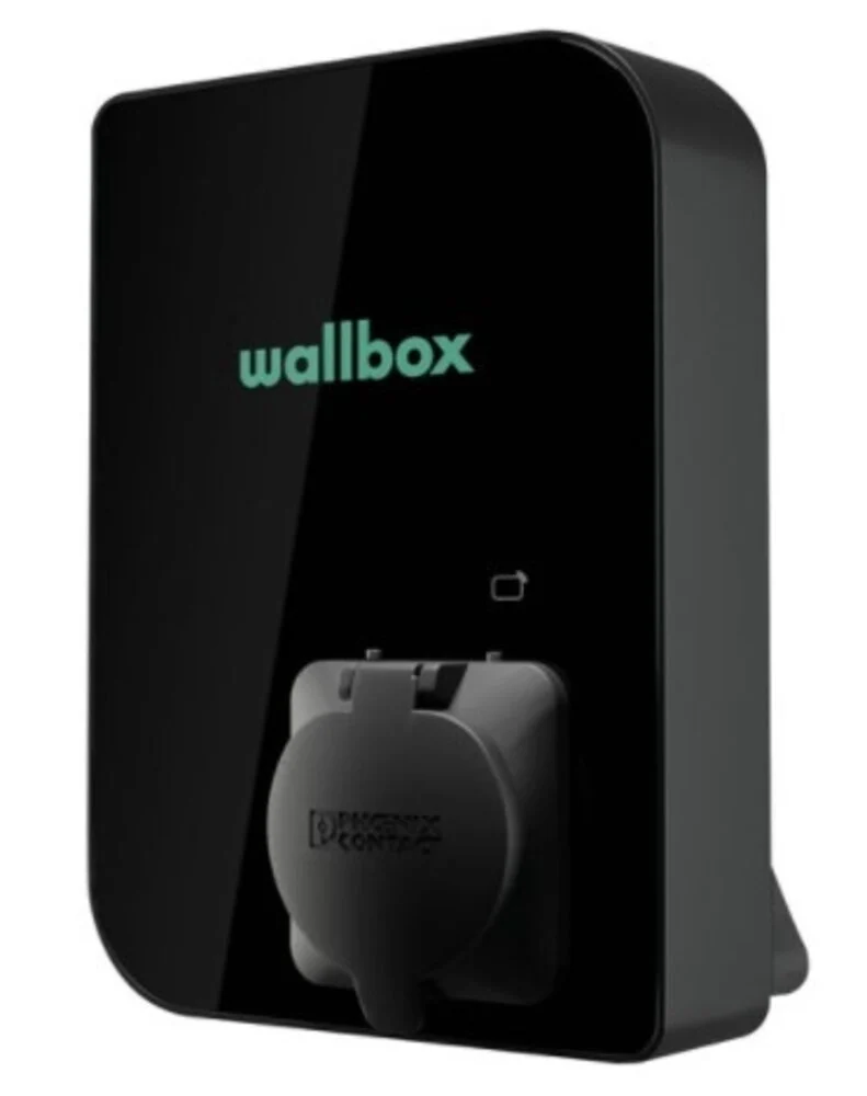 Zwarte Wallbox Copper SB met Type 2-socket en RFID-symbool.